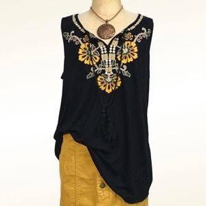 NWT Style & Co Black Embroidered Tassel-Tie Sleeveless Top- M